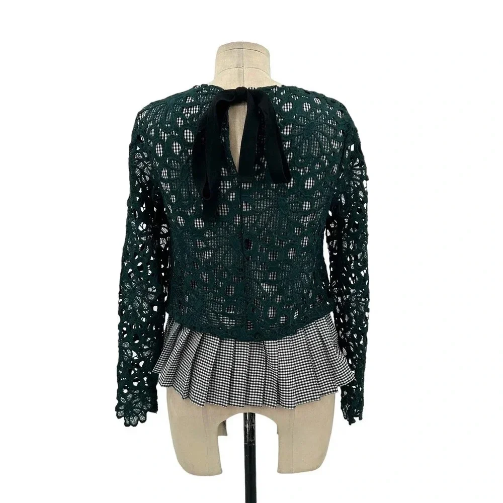 Anthropologie Maeve‎ Gabriella Top Blouse Peplum Gingham Lace Green Size XS